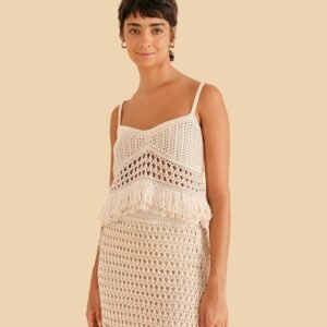 saia curta tricot com franja