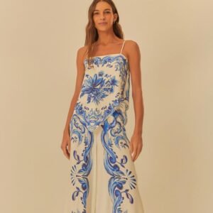 conjunto calça pantalona estampada lenço azulejo