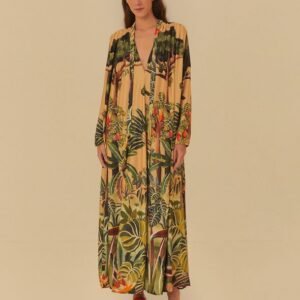 vestido longo estampado mata tropical