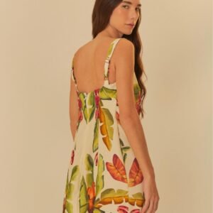 vestido curto estampado lenço folhagem de verão