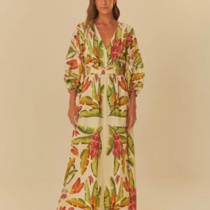 vestido estampado lenço folhagem de verão