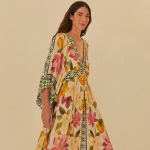 vestido longo estampado lenço floral biribá