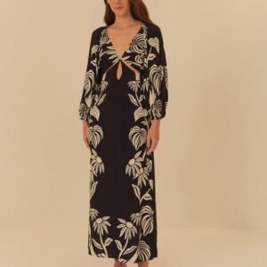 vestido longo estampado tropical surreal