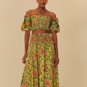 saia midi estampada terra dos abacaxis