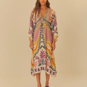 vestido midi estampado doce voo bege